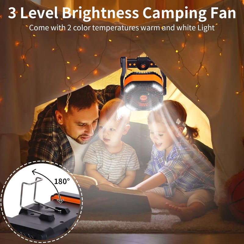 WESTTREE 20000mAh Battery powered fan Camping Fan essentials Portable fan Battery OperatedRechargeable Outdoor Tent with Light & Hook Personal USB Desk for Camping,Orange - Image 3